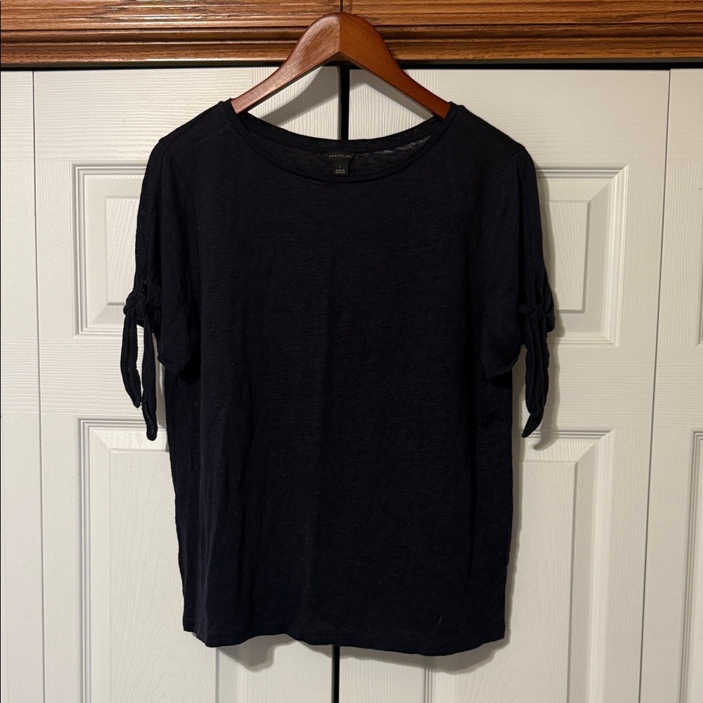Women’s Ann Taylor Navy Short Sleeve Top with Sleeve Ties, Size L